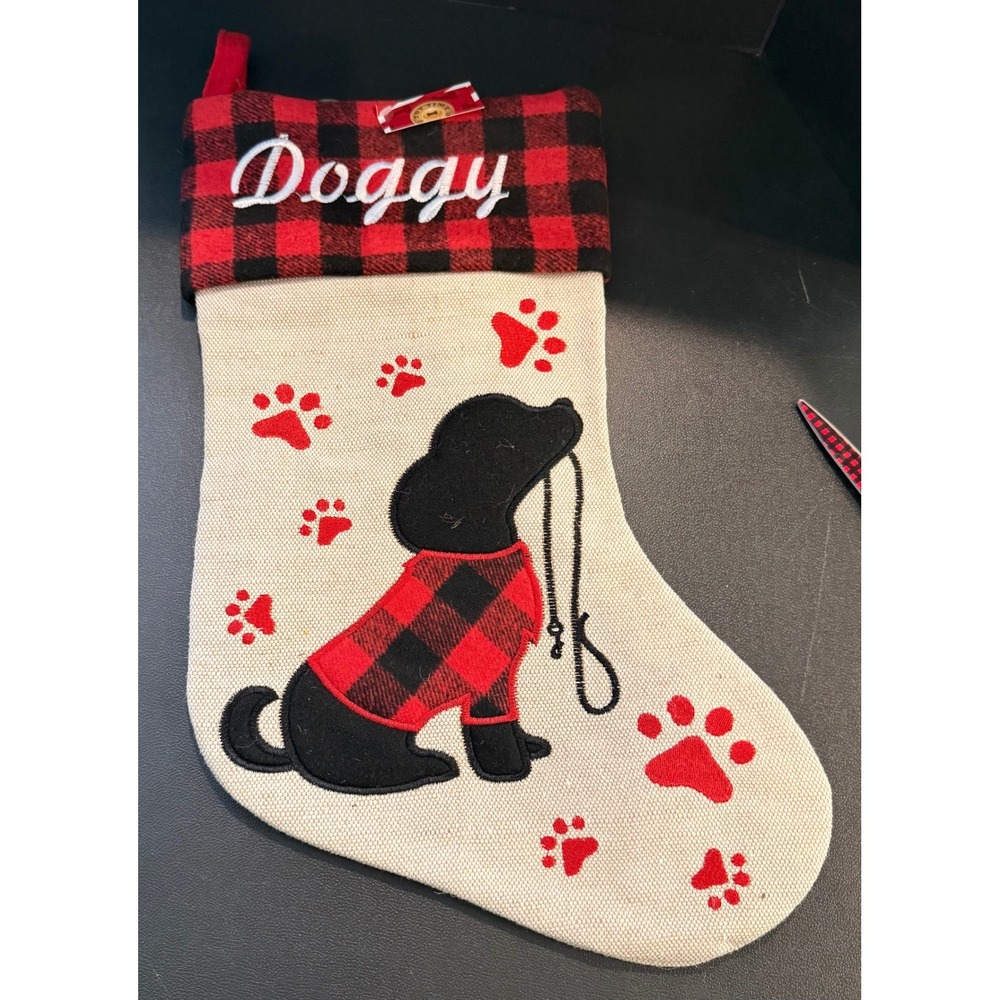 Trim A Home Pets Christmas Stocking Cream Red Buffalo Plaid Doggy Embroidery NEW